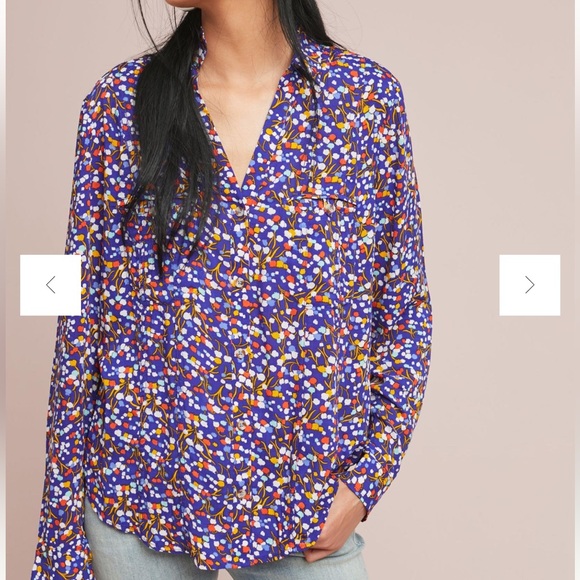 Conversations by Anthropologie Blue Flower Colloquial Button Down Shirt Size 8 - Picture 2 of 12